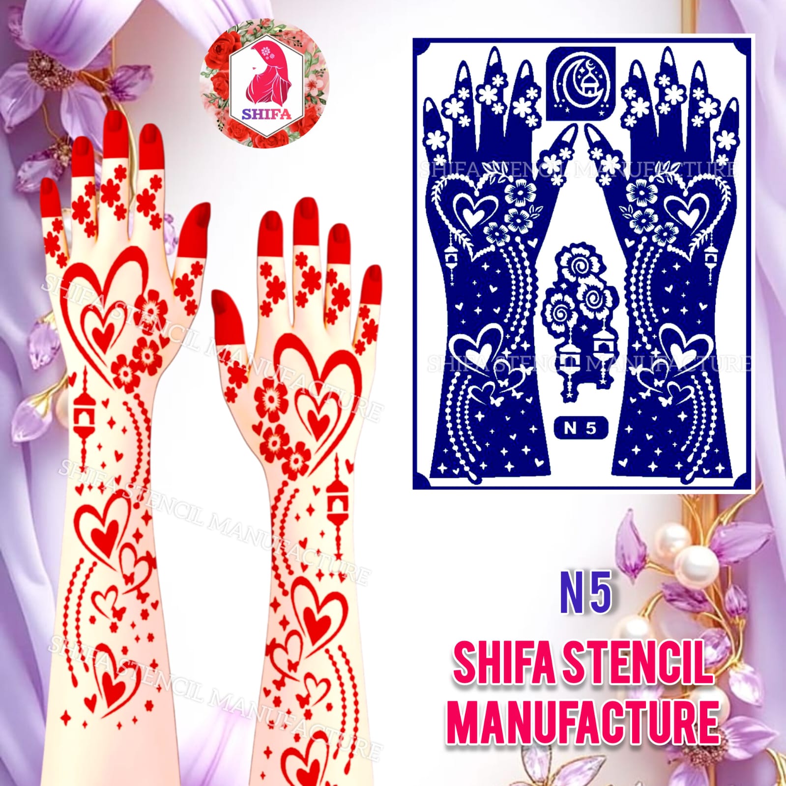 N 5 Moonlit Heart Harmony Sticker Overview Henna Stencil - Shifa Stencil